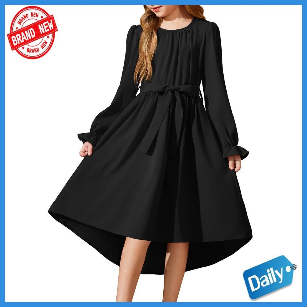 Girls Long Sleeve High Low Party Dress with Belt - Chiffon Flowy Swing